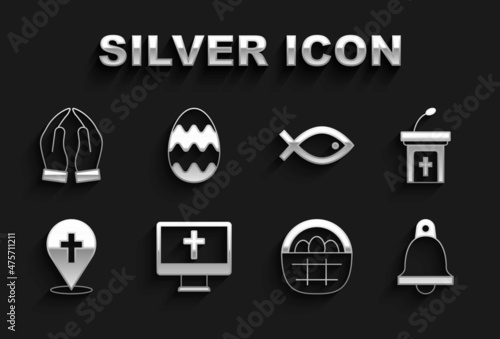 Set Christian cross on monitor, Church sermon tribune, bell, Basket with easter eggs, Location church building, fish symbol, Hands praying position and Easter icon. Vector