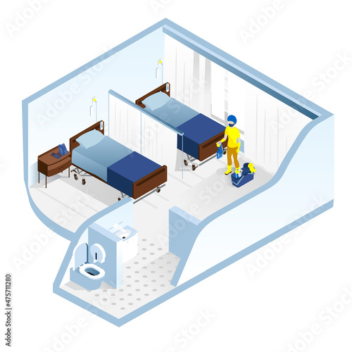 Isometric illustration of the room cleaning in the medical clinic