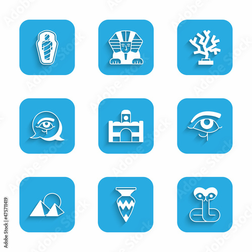 Set Egyptian house, vase, Snake, Eye of Horus, pyramids, Coral and mummy in sarcophagus icon. Vector