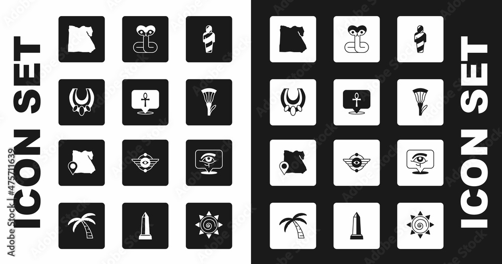 Set Egypt mummy, Cross ankh, Egyptian necklace, Map of, lotus, Snake, Eye Horus and icon. Vector Set Egypt mummy, Cross ankh, Egyptian necklace, Map of, lotus, Snake, Eye Horus and icon. Vector