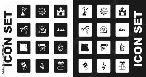Set Egyptian house, Eye of Horus, Tropical palm tree, Hookah, pyramids, Sun, anubis and Map icon. Vector