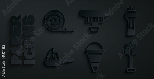 Set Fire cone bucket, Flashlight, Pan with fire, shovel, Smoke alarm system and hose reel icon. Vector