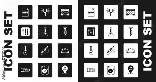 Set Guitar amplifier, Balalaika, Sound mixer controller, MP4 file document, Trumpet, Musical tuning fork, Tambourine and icon. Vector