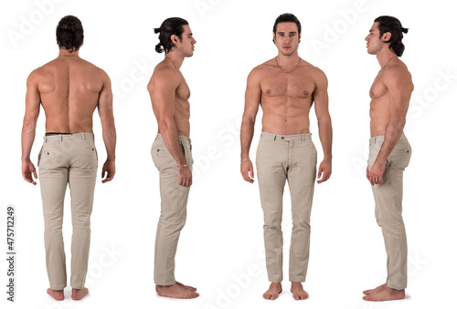 Four views of muscular shirtless young man