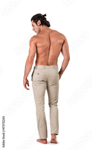 Full figure back shot of handsome shirtless athletic young man