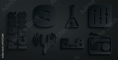 Set Home stereo with two speakers, Sound mixer controller, Musical tuning fork, Radio, Balalaika and note, tone icon. Vector