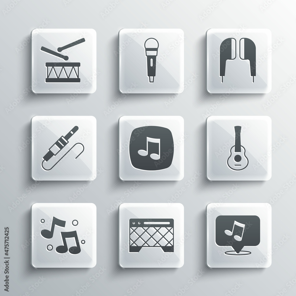 Set Guitar amplifier, Music note, tone, Audio jack, Drum with drum sticks and Air headphones icon. Vector Set Guitar amplifier, Music note, tone, Audio jack, Drum with drum sticks and Air headphones icon. Vector