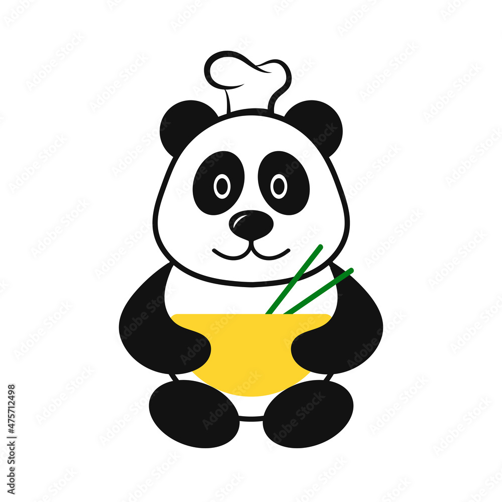 Cute cartoon panda bear with dish. Logo design concept icon Cute cartoon panda bear with dish. Logo design concept icon