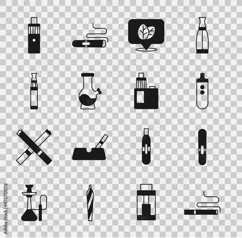 Set Cigarette, Electronic cigarette, Tobacco leaf, Bong, Vape mod device and icon. Vector