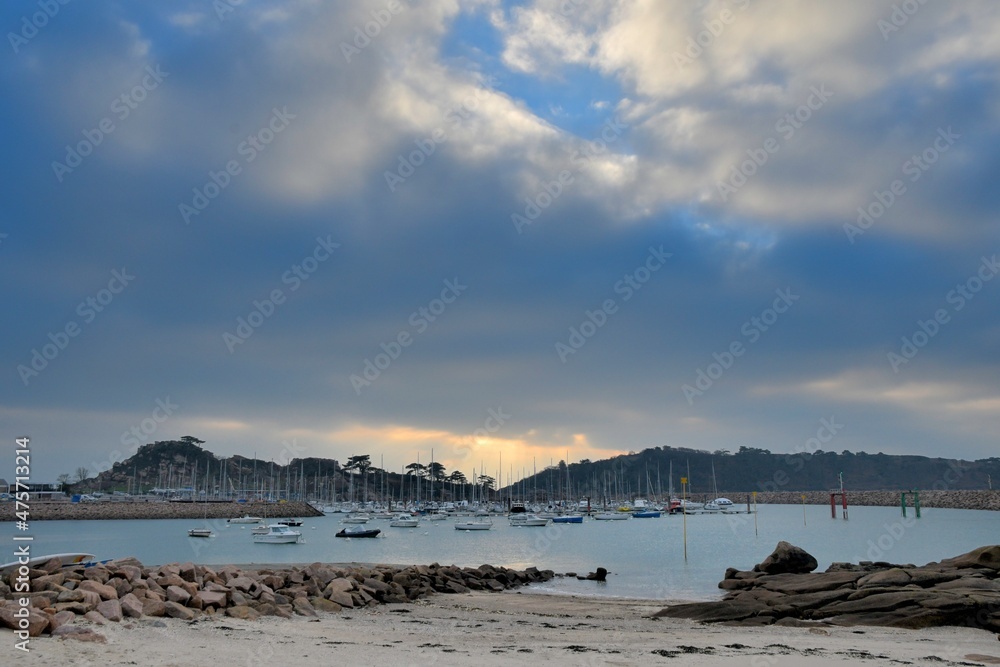 Beautiful view on the Trebeurden harbor at sunset. Brittany France
