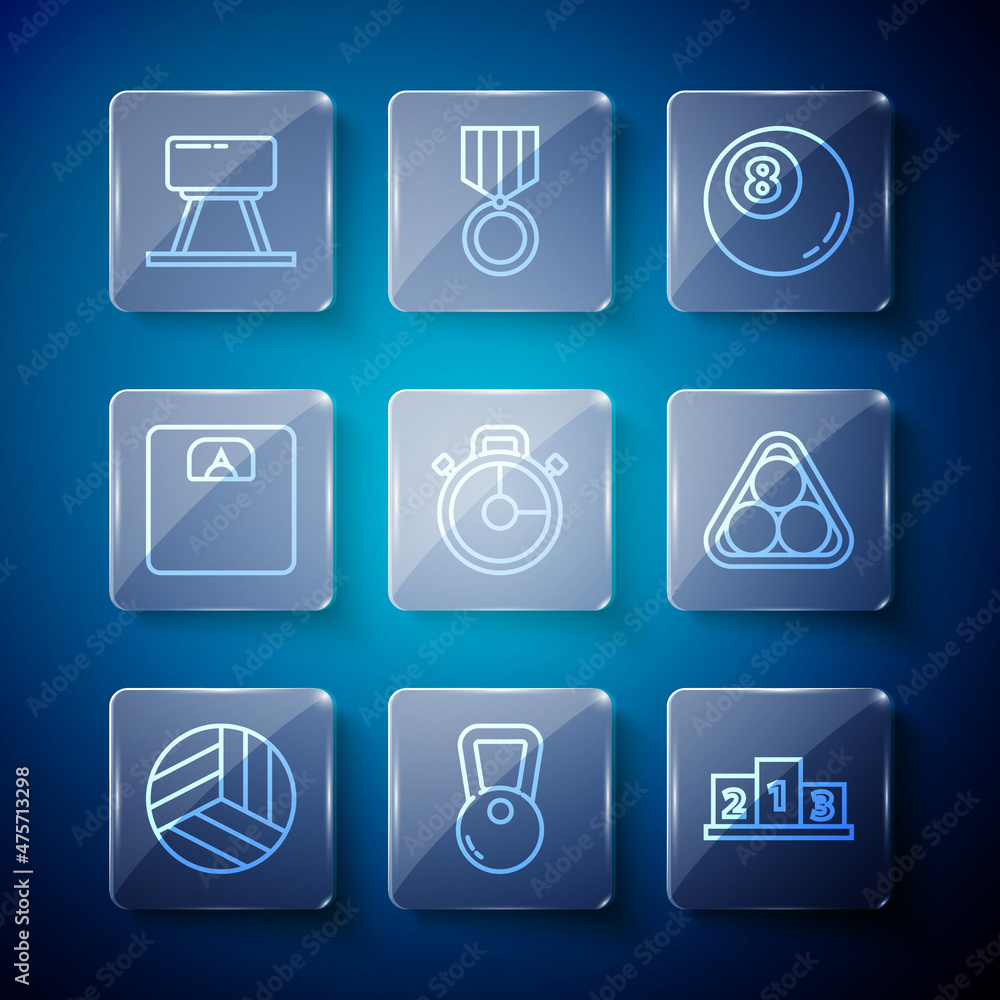 Set line Volleyball ball, Kettlebell, Award over sports winner podium, Billiard pool snooker, Stopwatch, Bathroom scales, Pommel horse and balls rack triangle icon. Vector Set line Volleyball ball, Kettlebell, Award over sports winner podium, Billiard pool snooker, Stopwatch, Bathroom scales, Pommel horse and balls rack triangle icon. Vector