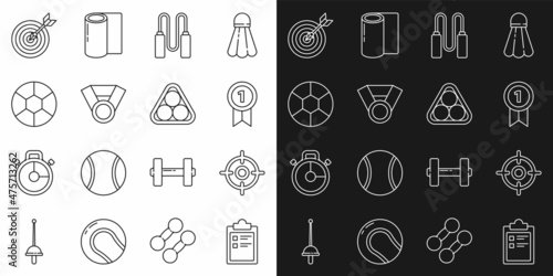 Set line Sport training program, Target sport, Medal, Jump rope, Football ball, with arrow and Billiard balls rack triangle icon. Vector