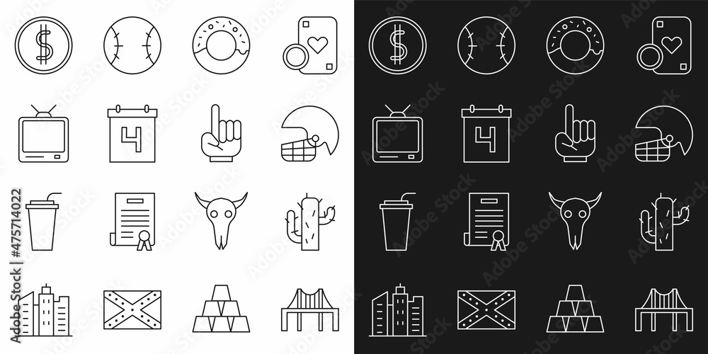 Set line Golden gate bridge, Cactus, American football helmet, Donut, Calendar with date July 4, Retro tv, Coin money dollar and Number 1 fan hand glove icon. Vector