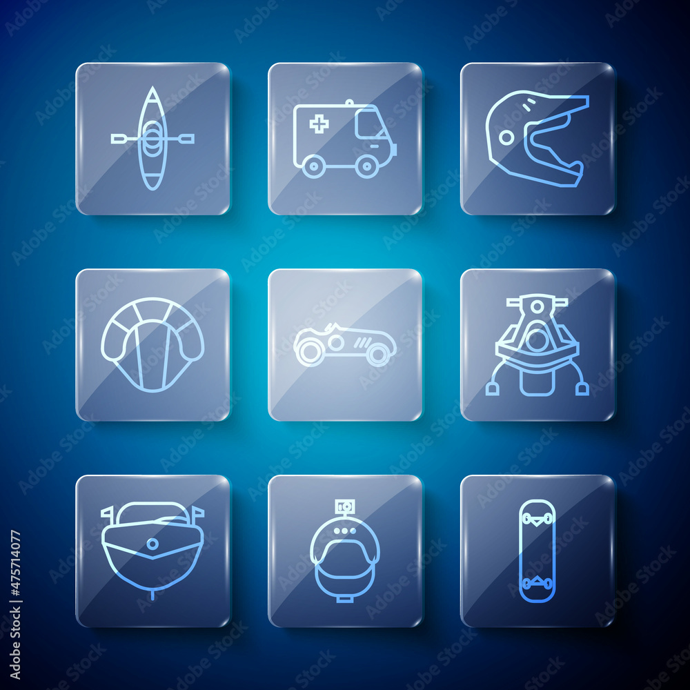 Set line Speedboat, Helmet and action camera, Skateboard trick, Motocross motorcycle helmet, Vintage sport racing car, Parachute, Kayak canoe and Snowmobile icon. Vector Set line Speedboat, Helmet and action camera, Skateboard trick, Motocross motorcycle helmet, Vintage sport racing car, Parachute, Kayak canoe and Snowmobile icon. Vector
