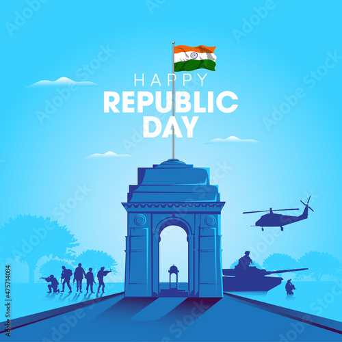 Indian republic Day celebrations with 26th January india 3d text and Ashoka Wheel, try color hand, man running with indian flag, india gate. vector illustration design
