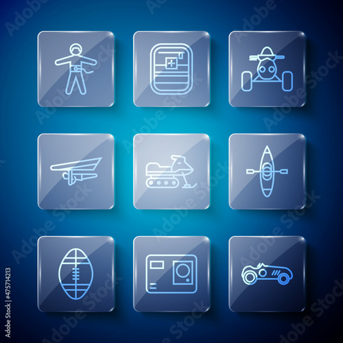 Set line Rugby ball, Action extreme camera, Vintage sport racing car, ATV motorcycle, Snowmobile, Hang glider, Bungee jumping and Kayak canoe icon. Vector