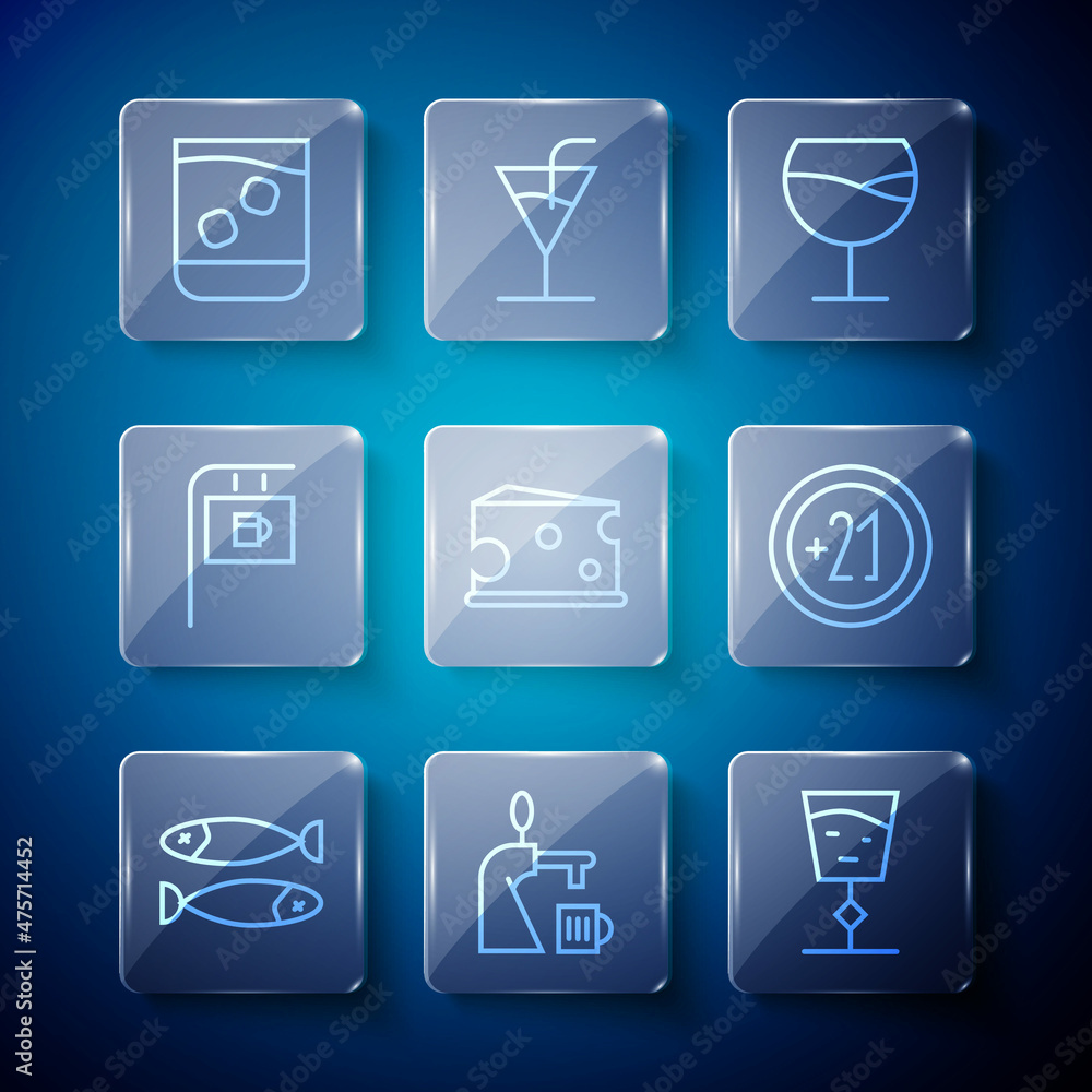 Set line Dried fish, Beer tap with glass, Wine, Cheese, Street signboard Bar, Glass of whiskey and Alcohol 21 plus icon. Vector Set line Dried fish, Beer tap with glass, Wine, Cheese, Street signboard Bar, Glass of whiskey and Alcohol 21 plus icon. Vector