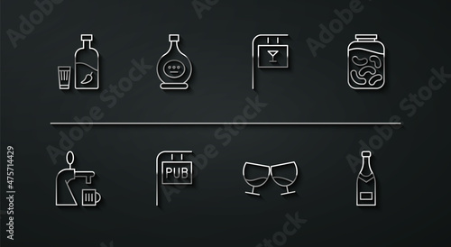 Set line Vodka with pepper and glass, Beer tap, Pickled cucumbers in jar, Glass of cognac or brandy, Street signboard Pub, Bottle, Champagne bottle and Bar icon. Vector