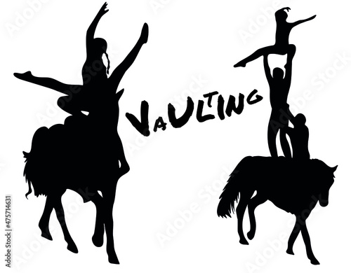Black and white vector flat illustration: elegant vaulting horse and rider silhouette