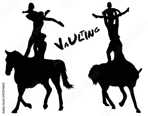 Black and white vector flat illustration: elegant vaulting horse and rider silhouette