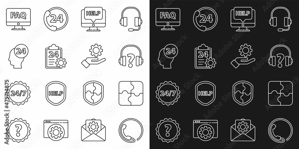 Set line Telephone 24 hours support, Piece of puzzle, Headphones, Computer monitor and help, Checklist with service, Support operator in touch, FAQ and Settings the hand icon. Vector