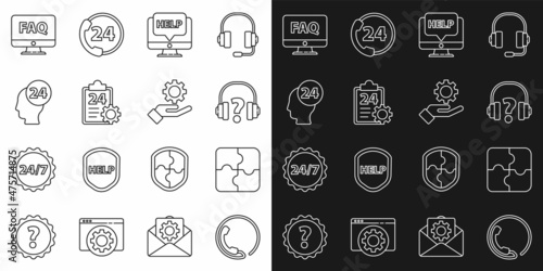 Set line Telephone 24 hours support  Piece of puzzle  Headphones  Computer monitor and help  Checklist with service  Support operator in touch  FAQ and Settings the hand icon. Vector