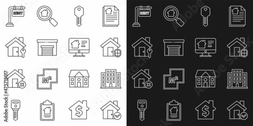 Set line House with check mark, under protection, key, Garage, Hanging sign Rent and Online real estate house icon. Vector