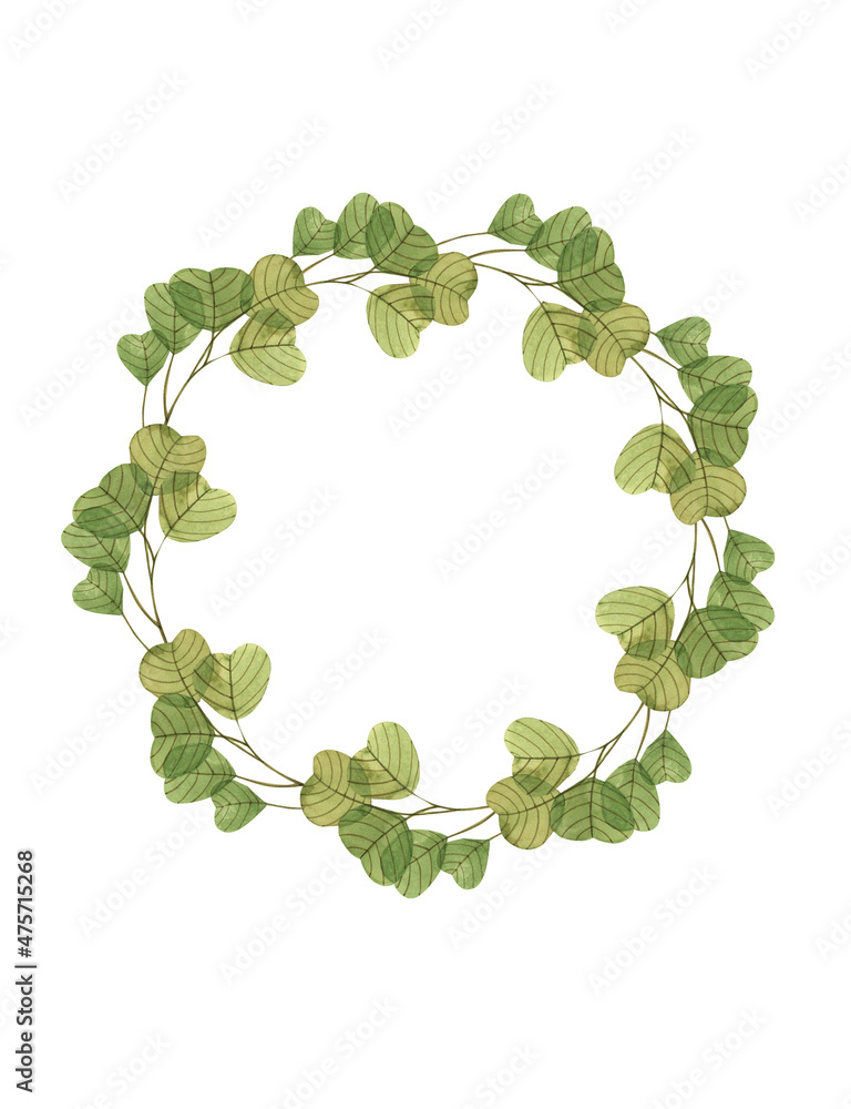 Fototapeta premium Watercolor illustration, green round eucalyptus frame, wreath is ideal for making postcards, invitations