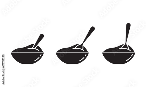 Bowl of puree food and stuck spoon, silhouette icons set. Black simple vector of porridge, cereal, mash, sour cream or yogurt. Contour isolated pictogram on white background