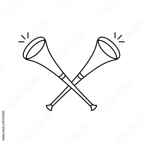 Two crossed vuvuzelas, linear icon. Symbol of cheer on team. Outline simple vector of sport trumpet. Contour isolated pictogram on white background