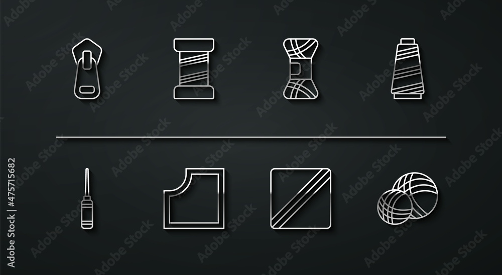 Set line Zipper, Awl tool, Sewing thread, Pattern, Yarn ball and icon. Vector Set line Zipper, Awl tool, Sewing thread, Pattern, Yarn ball and icon. Vector
