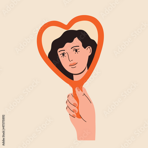 Happy beautiful woman looking in the heart shaped mirror and smiling. Love yourself, self acceptance concept. Hand drawn vector colorful funny cartoon style illustration