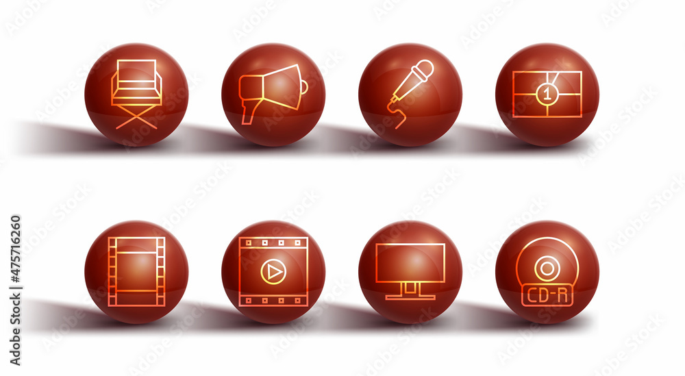 Set line Director movie chair, Play Video, Old film countdown frame, Smart Tv, Megaphone, CD DVD disk and Microphone icon. Vector Set line Director movie chair, Play Video, Old film countdown frame, Smart Tv, Megaphone, CD DVD disk and Microphone icon. Vector