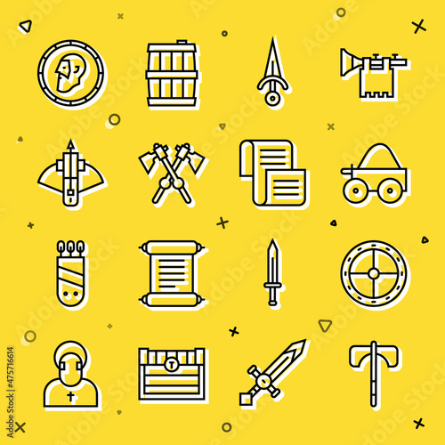 Set line Medieval axe, Round wooden shield, Wooden four-wheel cart, Dagger, Crossed medieval axes, Battle crossbow with arrow, Ancient coin and Decree, parchment, scroll icon. Vector