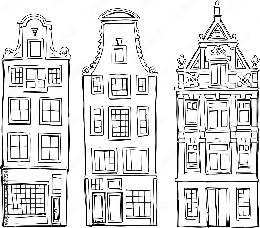 Beautiful houses drawn by vector from Amsterdam. For poster, stickers, sketchbook cover, print, your design.