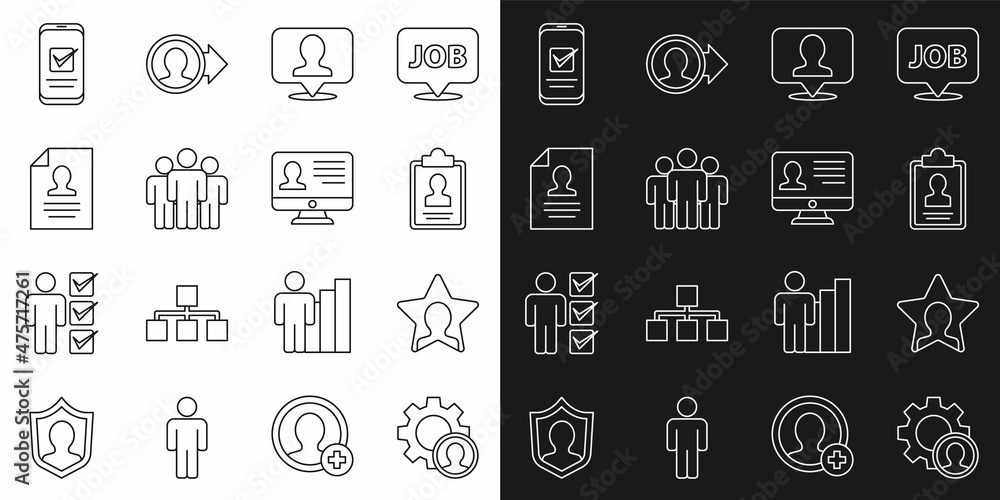 Set line Head hunting, Clipboard with resume, Location person, Users group, Resume, Smartphone and Monitor icon. Vector