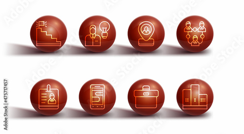 Set line Stair with finish flag, Identification badge, Project team base, Briefcase, Chat messages phone, Human lamp bulb, Award over winner podium and Worker location icon. Vector
