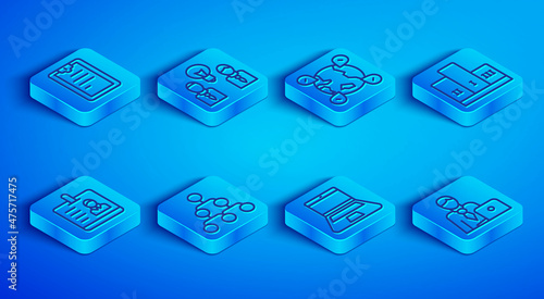 Set line Clipboard with checklist, People lamp bulb, Location on the globe, Hierarchy organogram chart, Laptop, Award over winner podium, Identification badge and Businessman icon. Vector