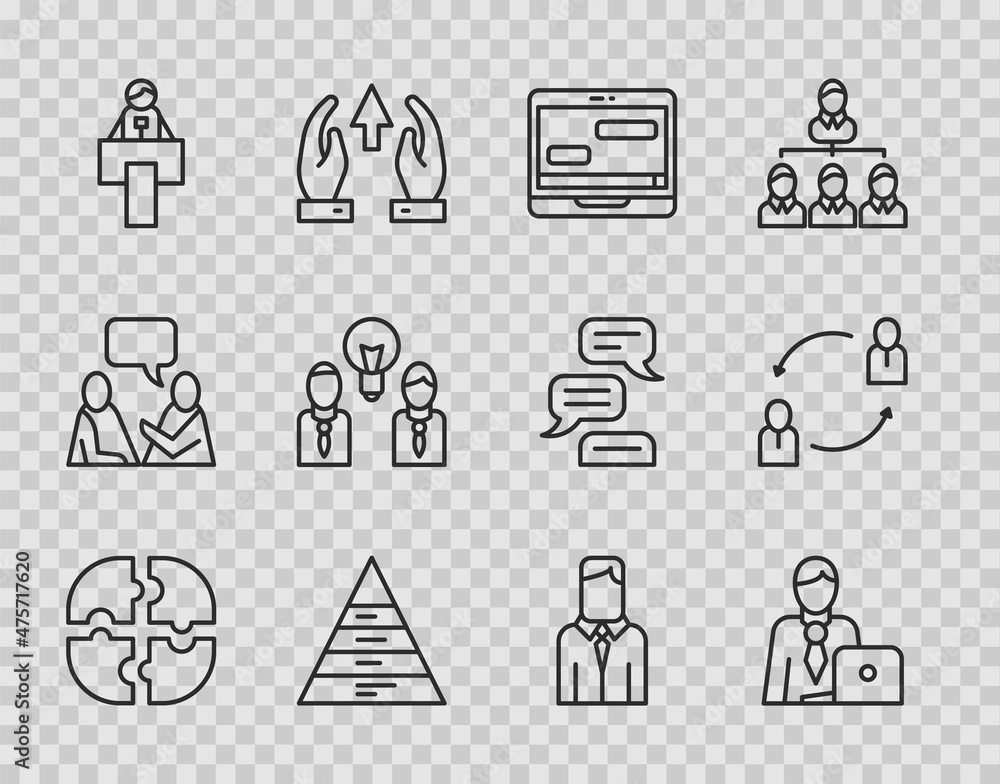 Set line Piece of puzzle, Businessman, Chat messages on laptop, Pyramid chart infographics, Stage stand or tribune, People with lamp bulb, Worker and Human resources icon. Vector Set line Piece of puzzle, Businessman, Chat messages on laptop, Pyramid chart infographics, Stage stand or tribune, People with lamp bulb, Worker and Human resources icon. Vector