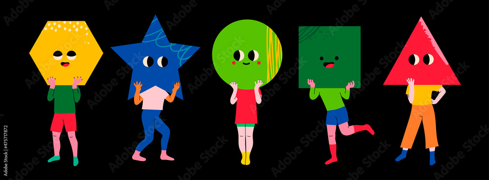 Playful people holding geometric shapes with faces instead of heads ...