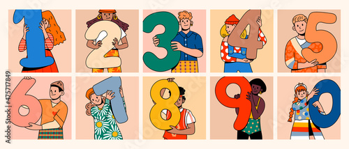 Boys and Girls holding numbers. Set of happy joyful people showing big numbers. Education, birhtday, celebrating achievements concept. Cartoon comic style. Hand drawn modern Vector illustration