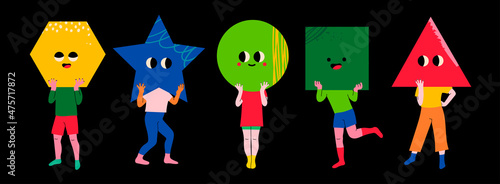 Playful people holding geometric shapes with faces instead of heads. Big colorful heads with various Emotions. Different mood concept. Hand drawn Vector illustration. Every person is isolated