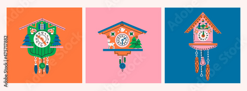 Set of three Cuckoo Clocks. Decorative wooden clock. Bright colors. Antique german wall watch. Hand drawn colorful modern Vector Illustrations. Cartoon style, flat design photo