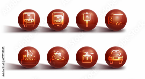Set line Bus, Sailboat, Delivery cargo truck, Cable, Cruise ship, Police and flasher and Parking icon. Vector