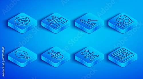 Set line Hunt on rabbit with crosshairs, Castle, Striker attraction hammer, Magician hat and, Teddy bear plush toy, Popcorn in box glass, Tree and Shooting gallery icon. Vector
