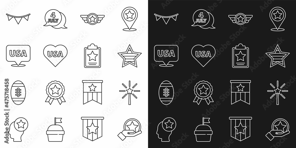 Set line USA Independence day, Firework, Star American military, Carnival garland with flags and icon. Vector