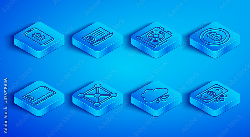 Set line Mining bitcoin from mobile, laptop, Video graphic card, Blockchain technology, Cryptocurrency cloud mining, Bitcoin, Credit with and circuit icon. Vector