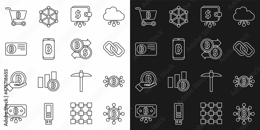 Set line Blockchain technology Bitcoin, circuit, Chain link, Cryptocurrency wallet, Mining bitcoin from mobile, Credit card with, Shopping cart and exchange icon. Vector Set line Blockchain technology Bitcoin, circuit, Chain link, Cryptocurrency wallet, Mining bitcoin from mobile, Credit card with, Shopping cart and exchange icon. Vector
