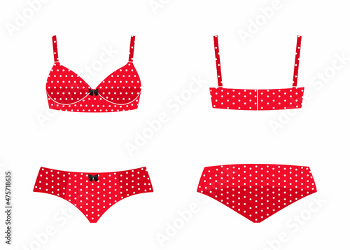 Set of elegant female underwear isolated on white background. Front and back views. Cartoon flat style. Vector illustration