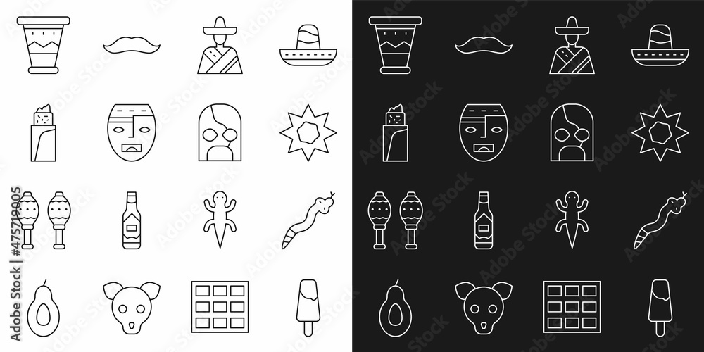 Set line Popsicle ice cream, Snake, Sun, Mexican man sombrero, Aztec mask, Burrito, drum and wrestler icon. Vector Set line Popsicle ice cream, Snake, Sun, Mexican man sombrero, Aztec mask, Burrito, drum and wrestler icon. Vector